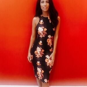 H&M Black Midi Dress with Orange Floral Print
